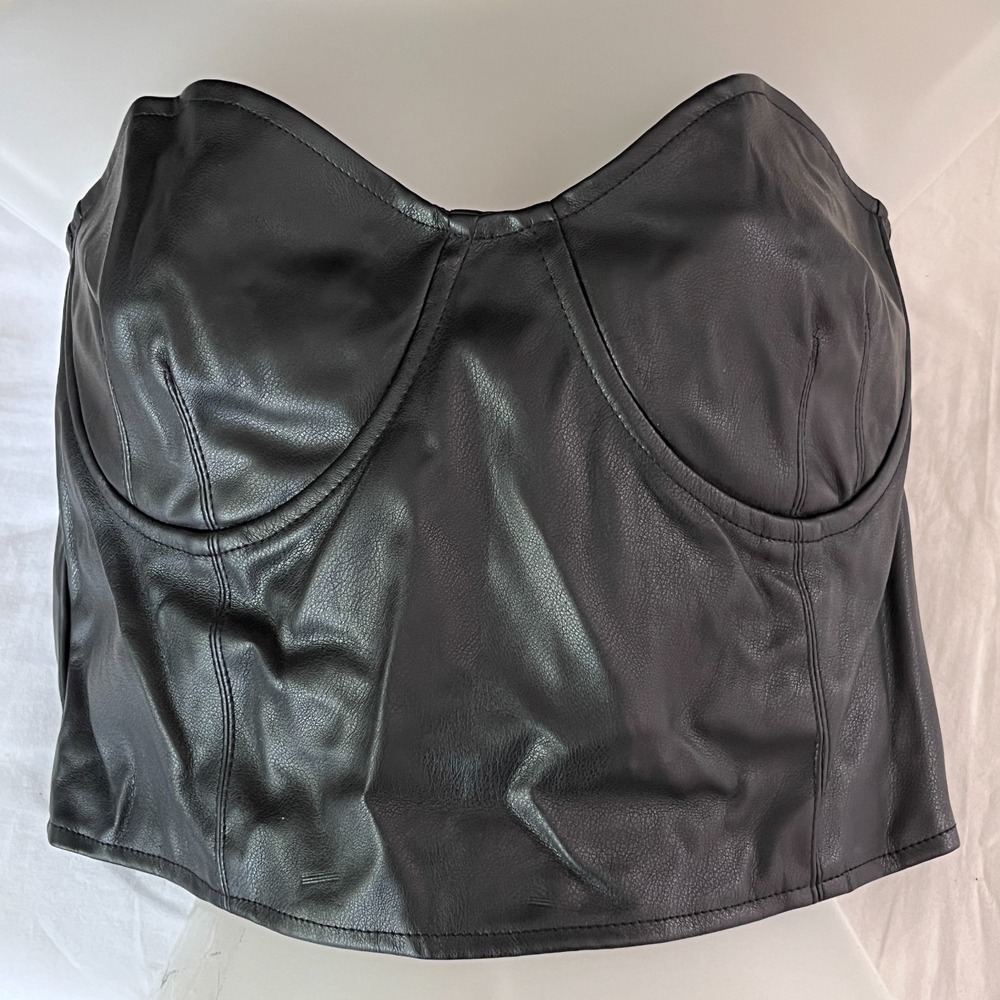 Vivid Bustier Top Black Vegan Leather Underwired Smocking Goth‎ Vampire Sz L